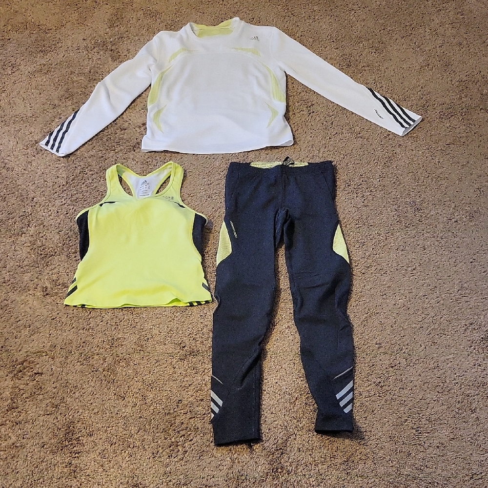 Adidas White, Yellow, and Black Leggings, Tank Top, and Pullover Workout Outfit